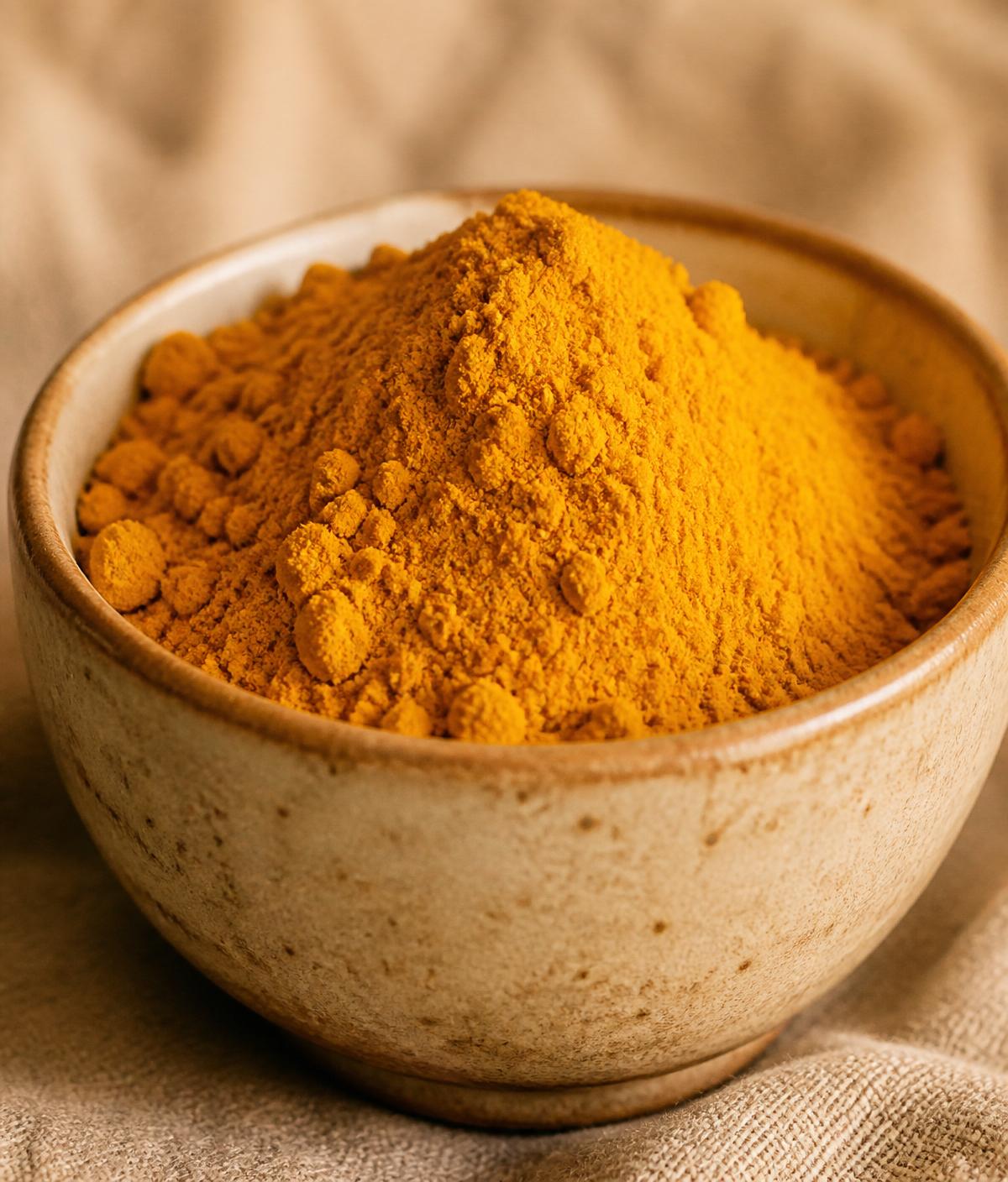 Freshly ground golden turmeric powder in a ceramic bowl